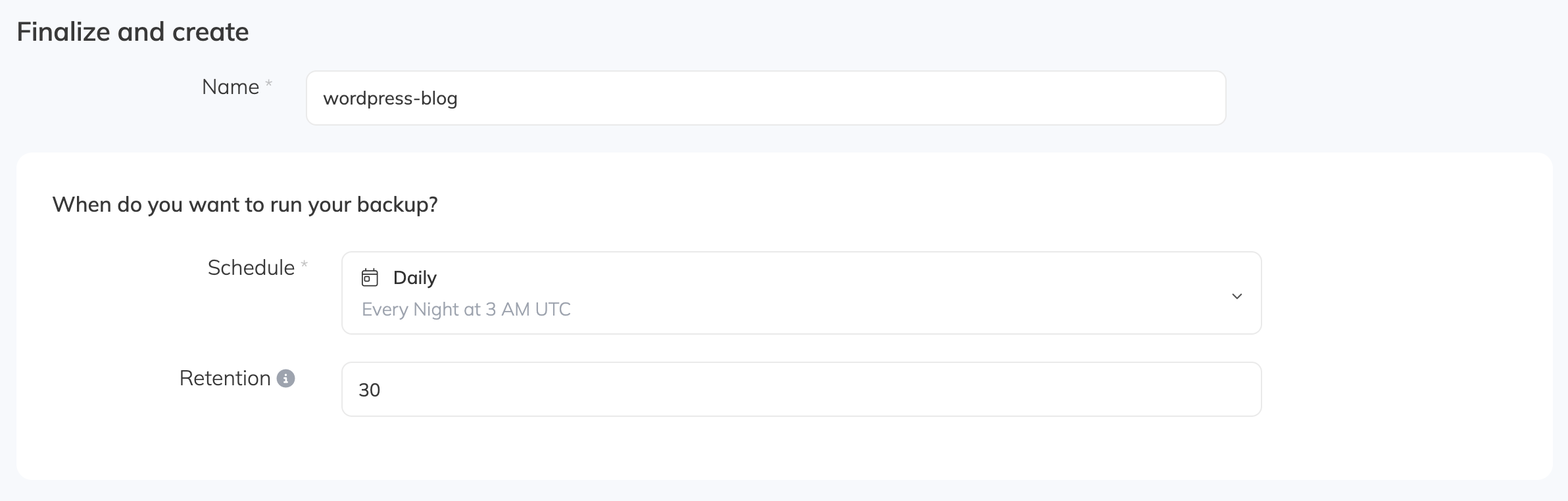 The backup name, schedule, and retention configuration