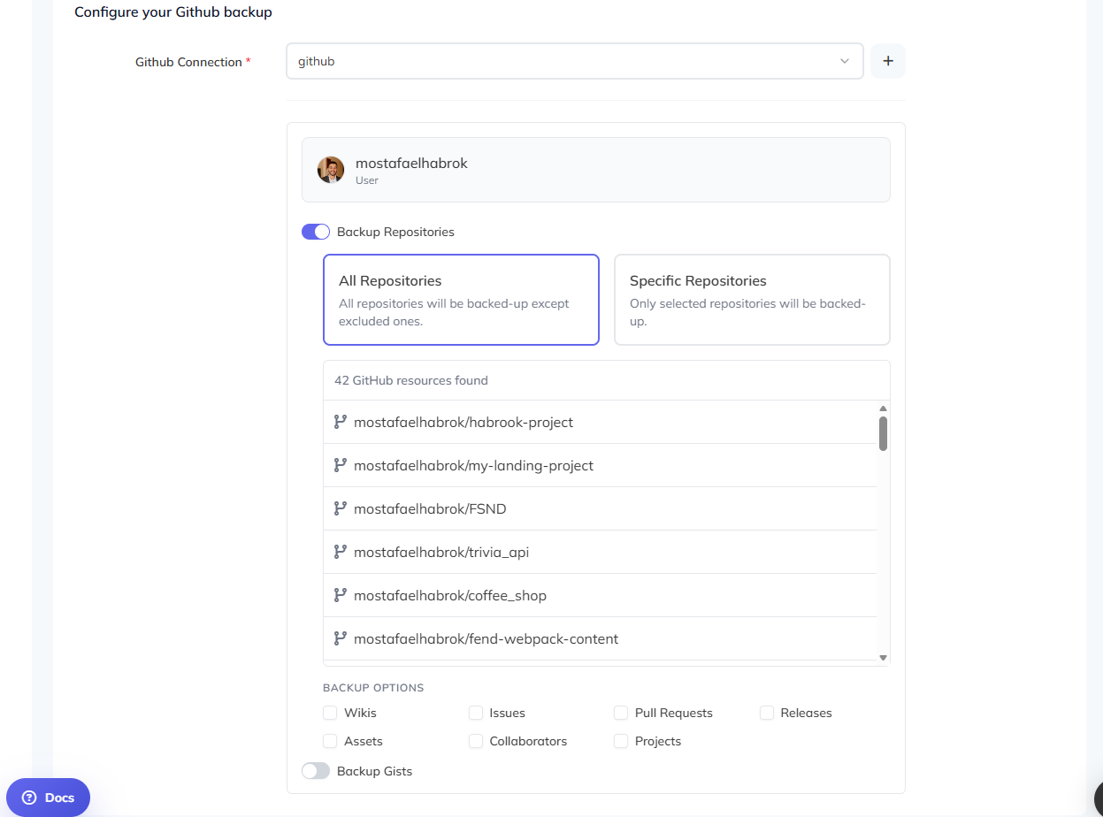 GitHub backup configuration in SimpleBackups showing repository selection and backup options