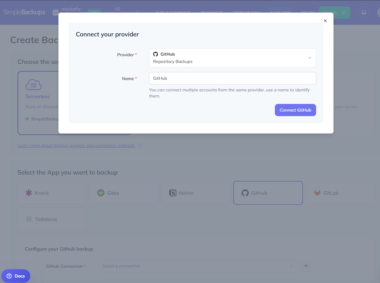 Connect your GitHub provider in SimpleBackups