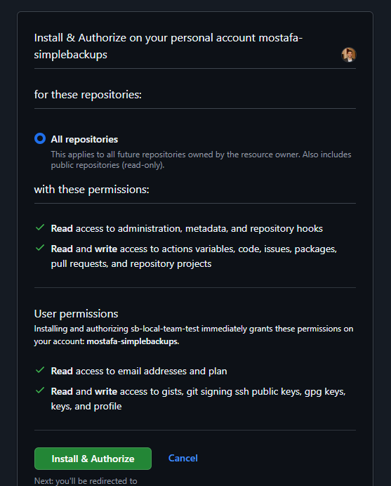 GitHub OAuth authorization page showing SimpleBackups permissions