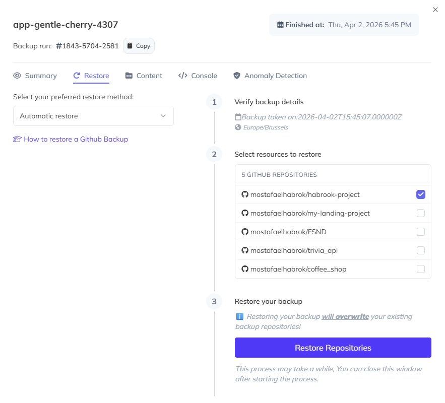 GitHub restore tab in SimpleBackups showing repository selection and restore button