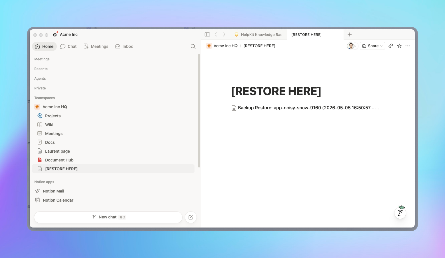 Notion destination page for SimpleBackups restores