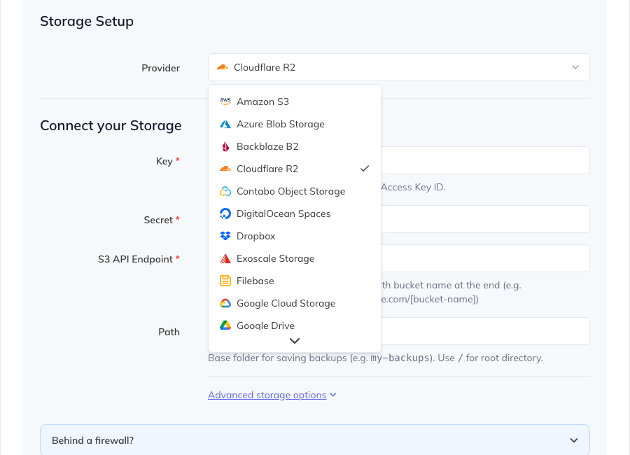 Selecting Cloudflare R2 as the storage provider in SimpleBackups