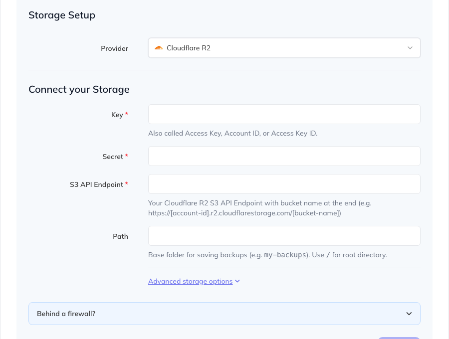 Cloudflare R2 storage form in SimpleBackups