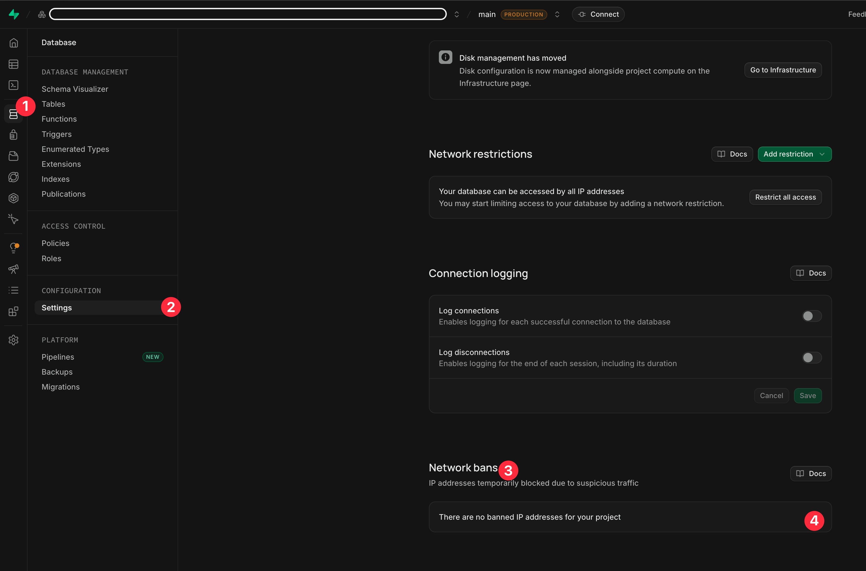 Supabase dashboard: the Network bans section under Database, then Settings