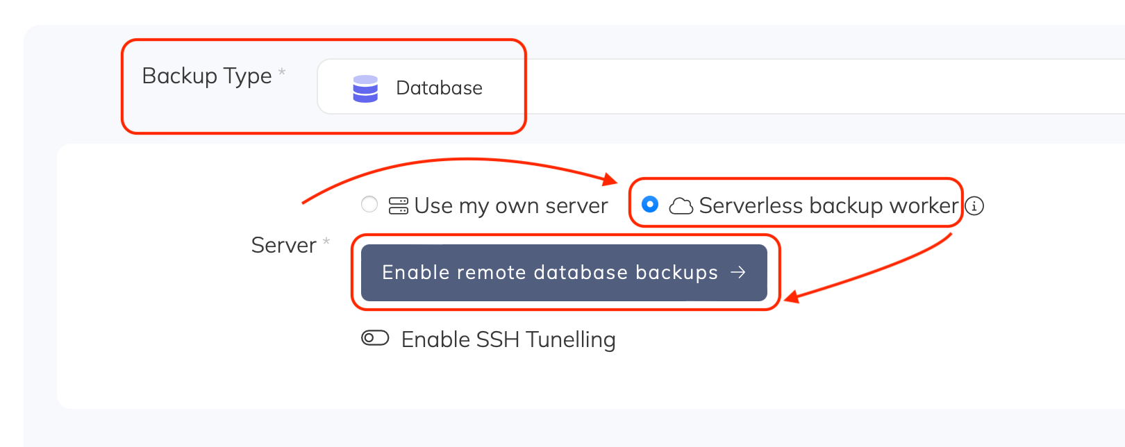 Selecting the serverless backup worker option