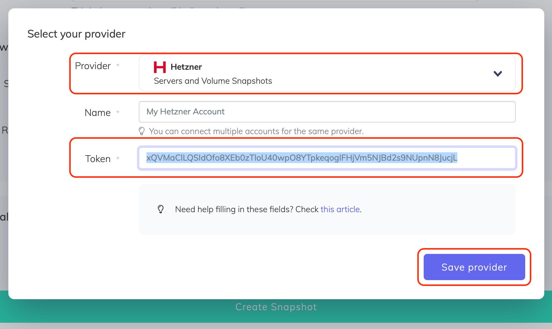 SimpleBackups - Hetzner provider form