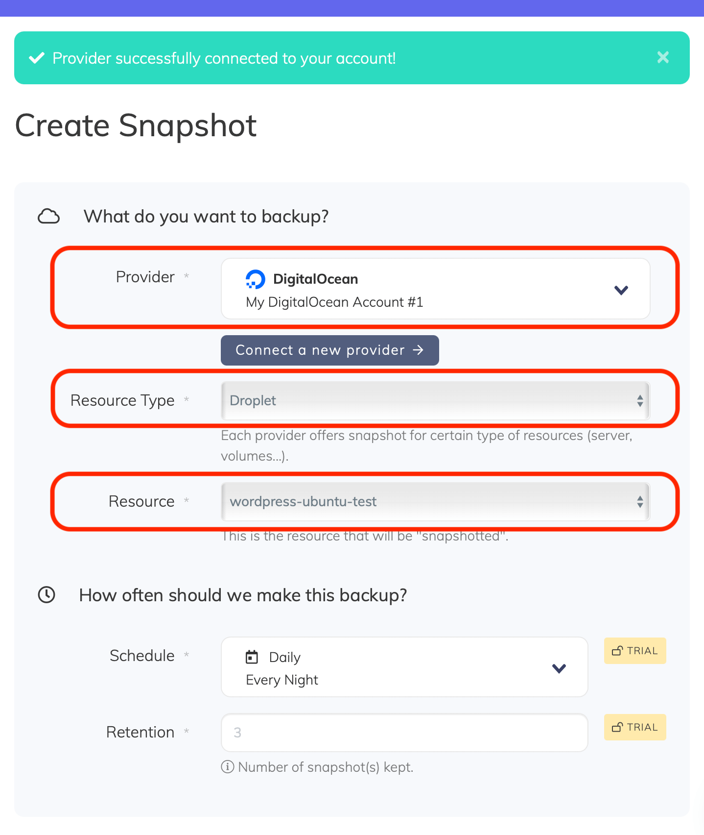 SimpleBackups - Snapshot job form
