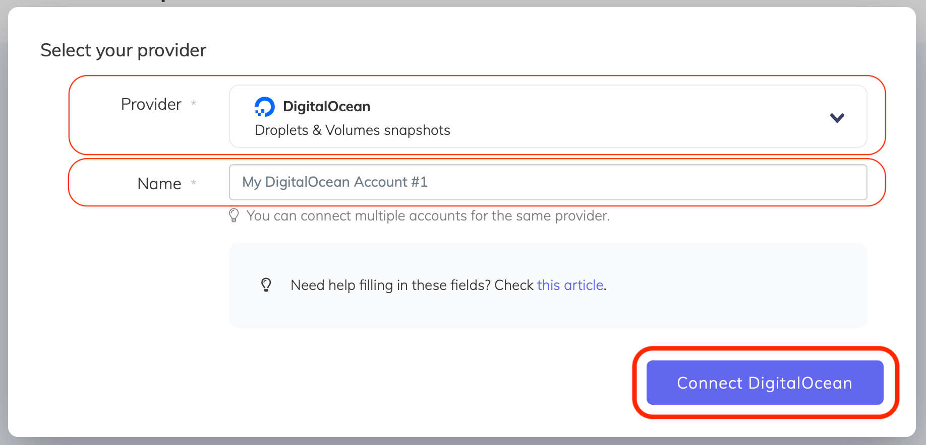 SimpleBackups - Select DigitalOcean provider