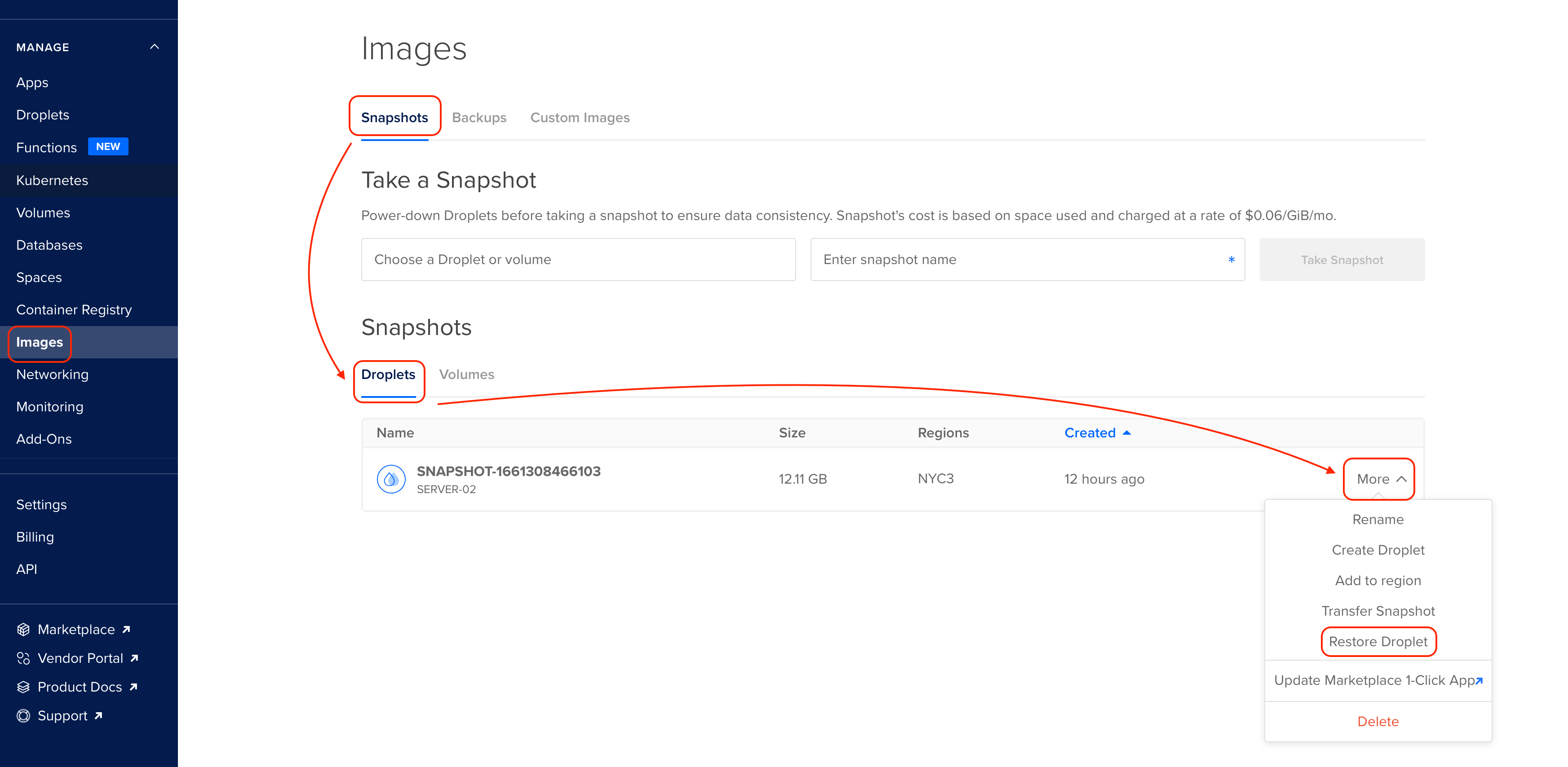 DigitalOcean - Restore a droplet snapshot