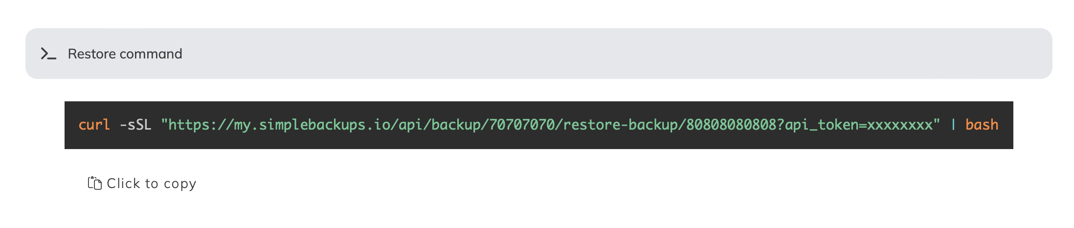The Restore command section in the backup details modal
