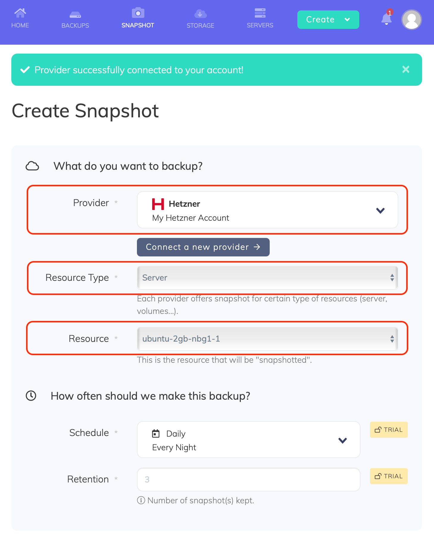 SimpleBackups - Snapshot job form