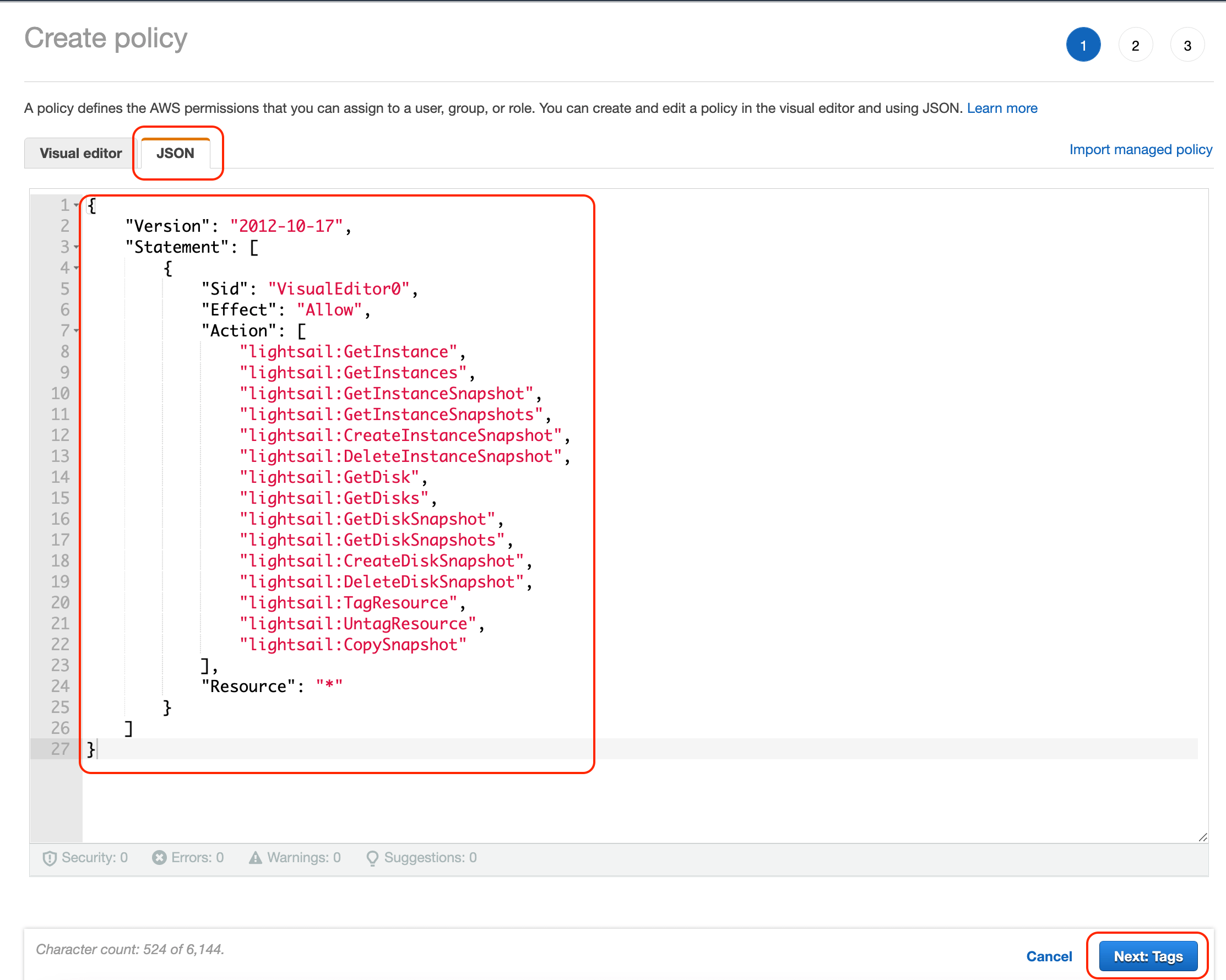 AWS - Create policy JSON editor