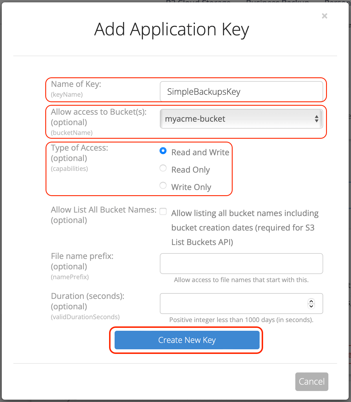 Backblaze app key creation modal