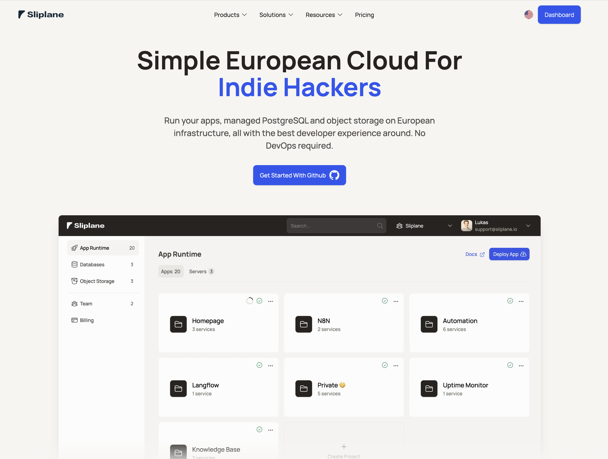 Sliplane dashboard Sliplane, the simple European cloud for indie hackers, with its dashboard listing apps, databases and object storage