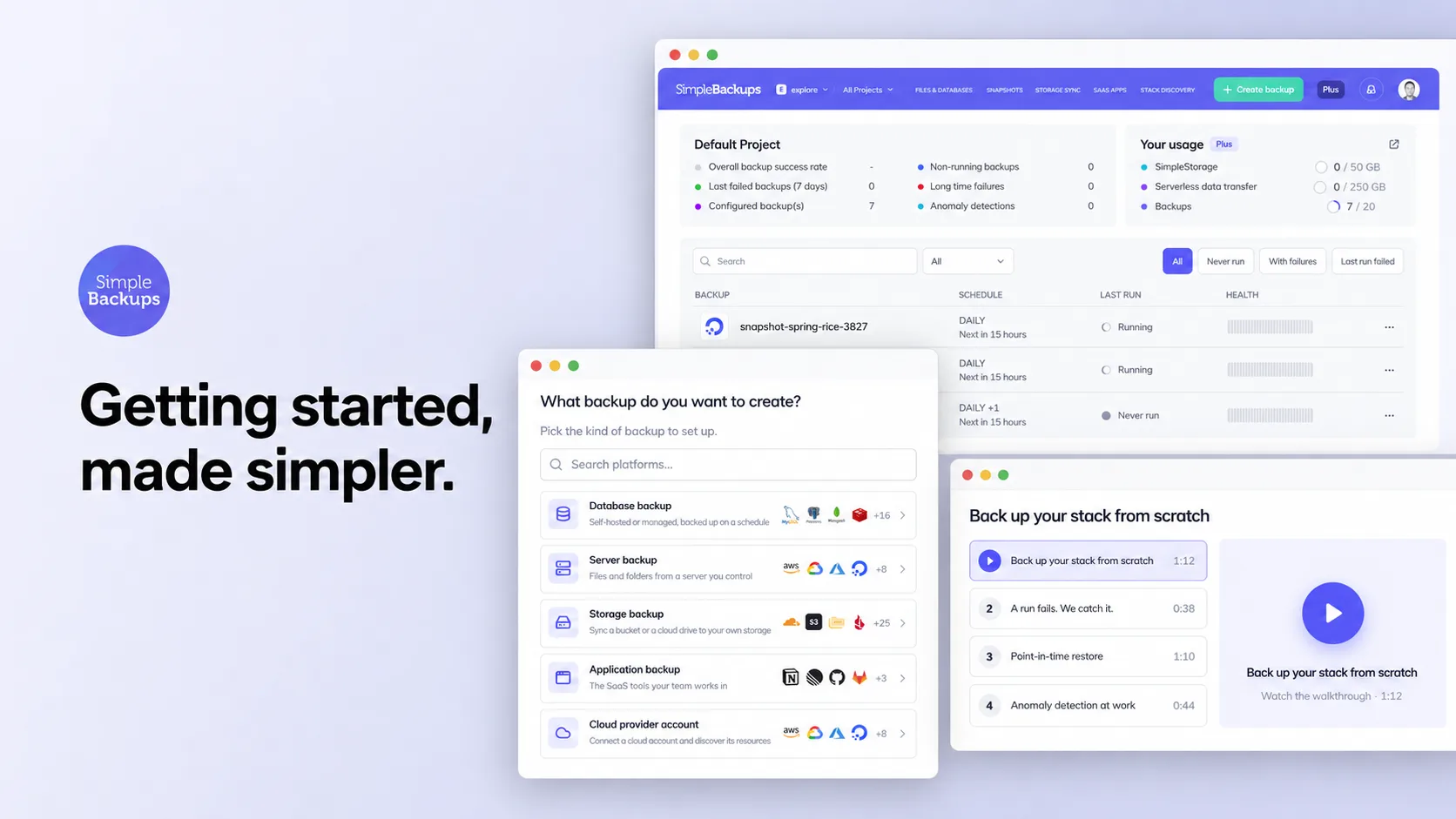 The new SimpleBackups onboarding: backup creation, Explore dashboard, and walkthroughs