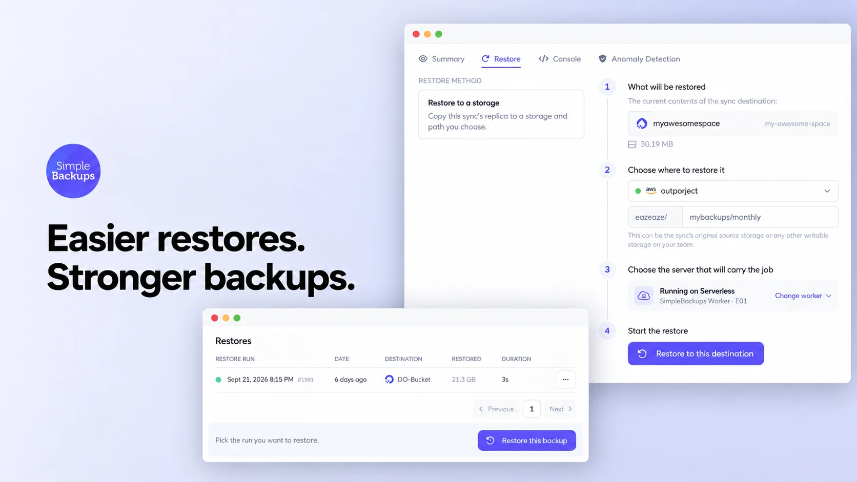 Restoring a storage sync from the SimpleBackups dashboard