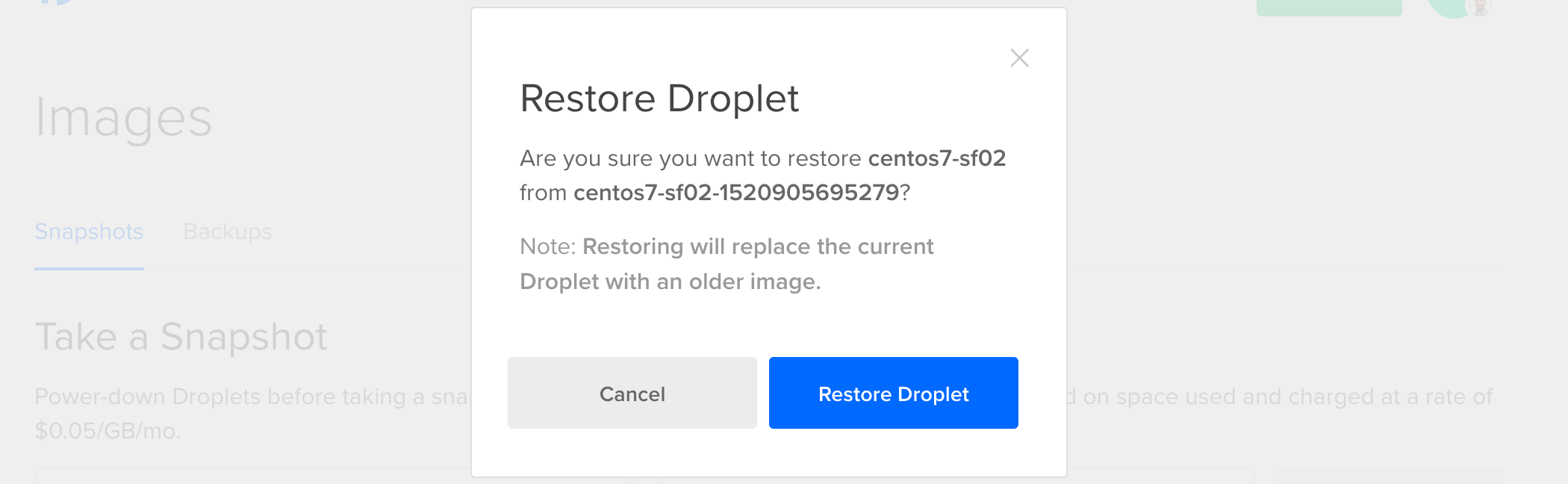 How to restore a Snapshot on an existing DigitalOcean Droplet