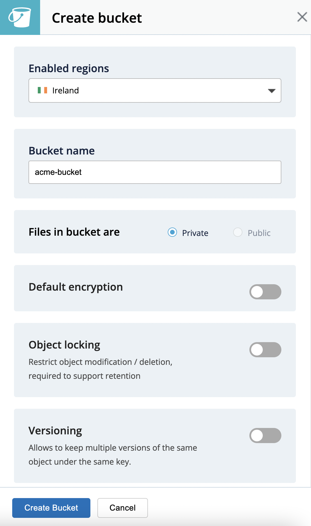 Create your IDrive e2 Bucket form