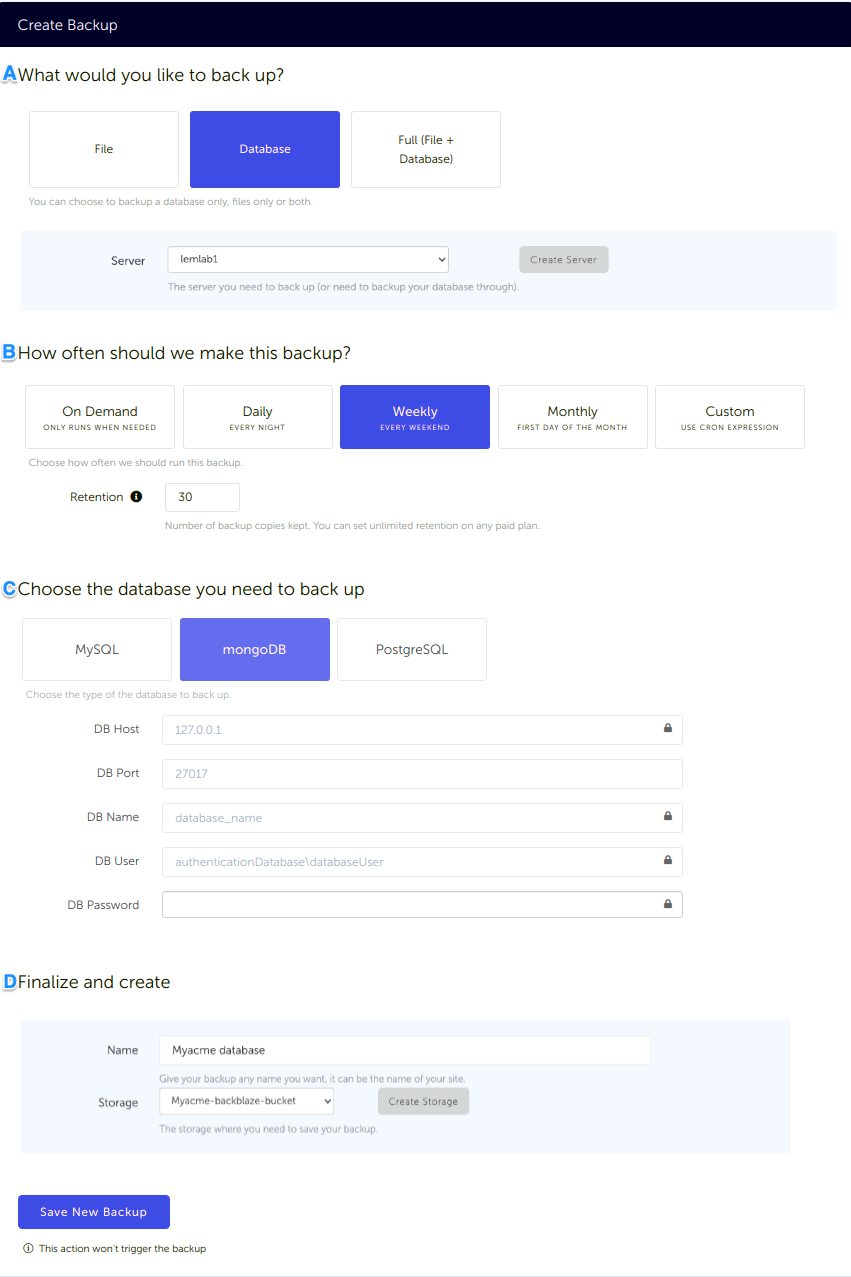 Configuration form, for a MongoDB database backup connected to your Wasabi storage