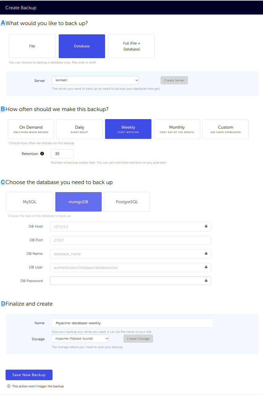 Configuration form, for a MongoDB database backup connected to your AWS S3 storage