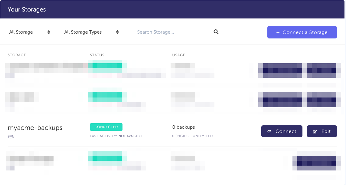 Storage list with newly created AWS S3 storage