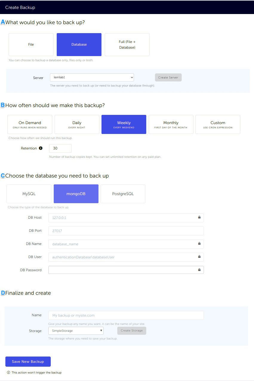 Configuration form, for a MongoDb database backup connected to your SimpleStorage storage