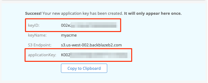 Application Key confirmation message including required credentials information