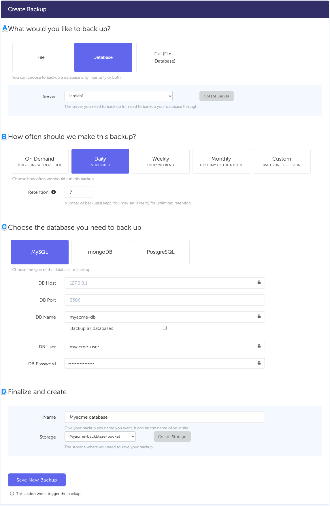 Configuration form, for a MySQL database backup