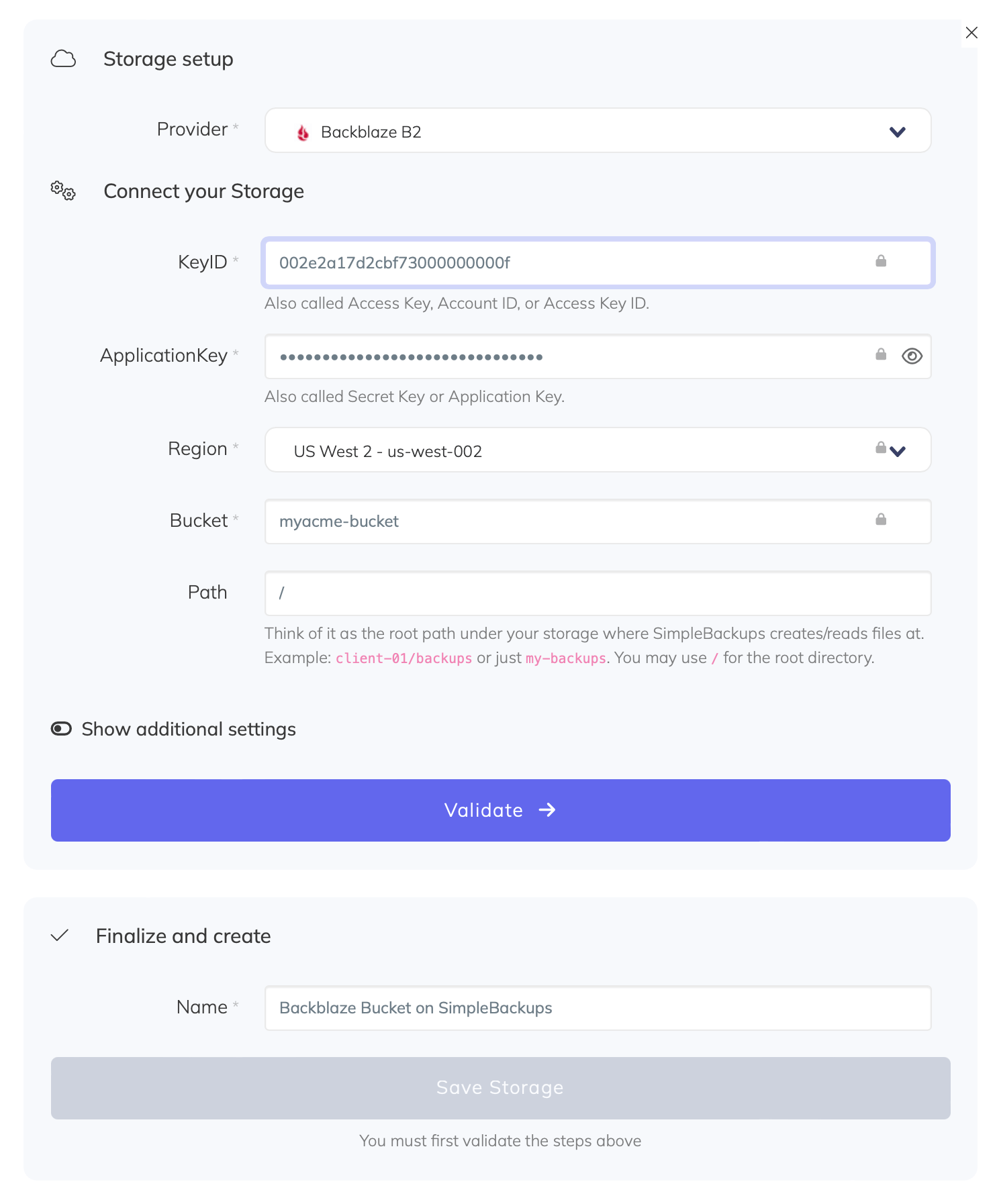 SimpleBackups form to connect your Backblaze B2 storage