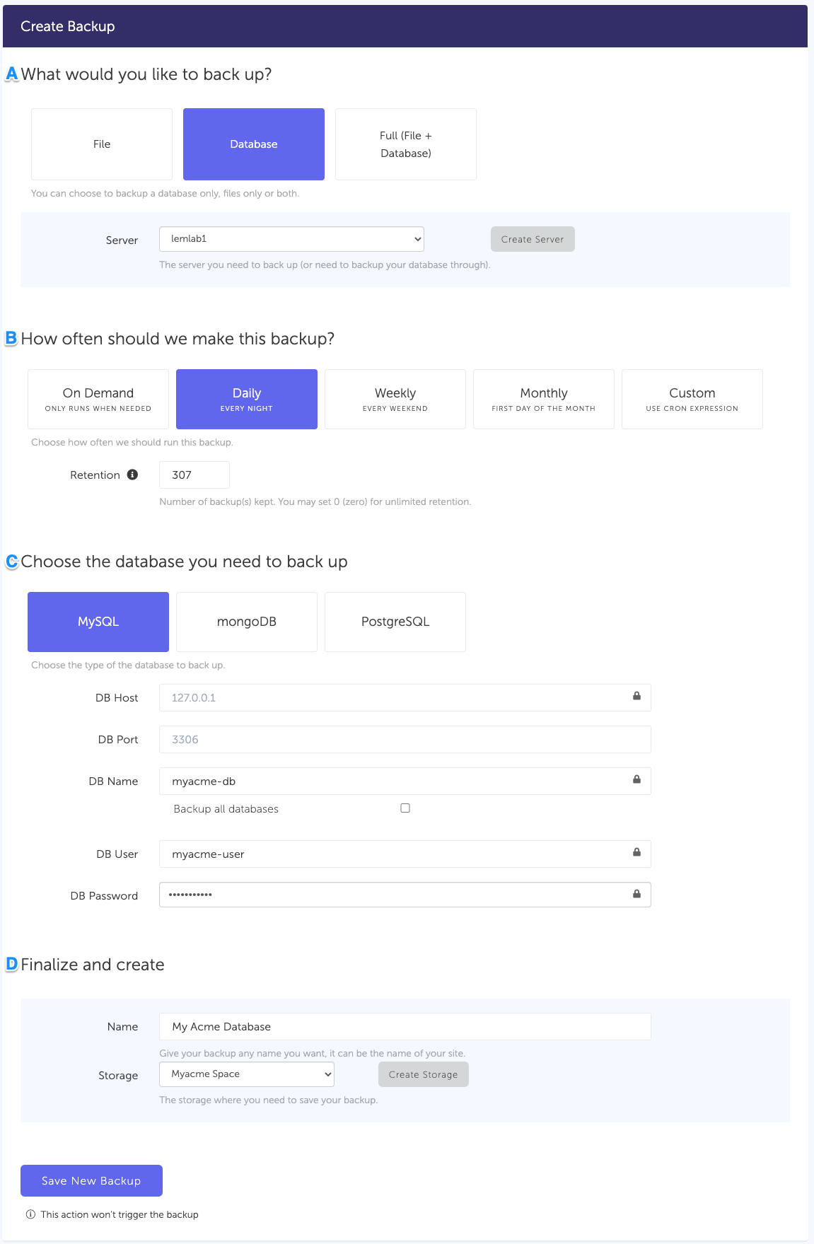 Configuration form, for a MySQL database backup