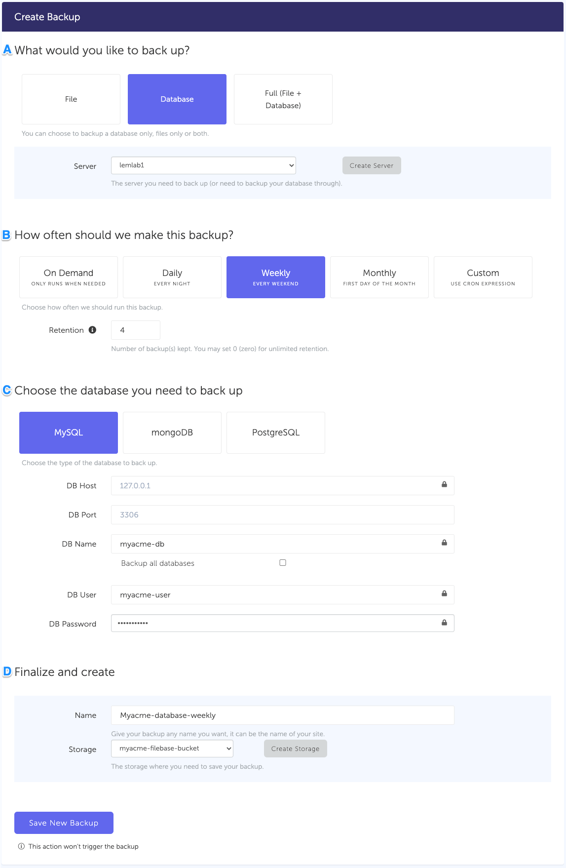 Configuration form, for a MySQL database backup connected to your Google Cloud Storage storage