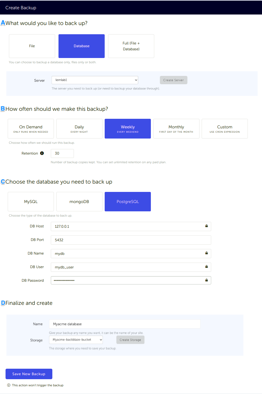 Configuration form, for a PostgreSQL database backup connected to your Backblaze storage