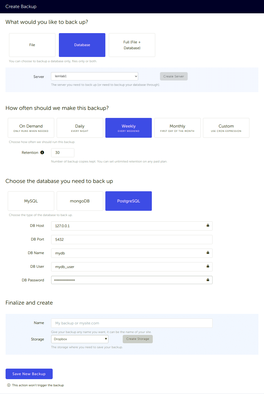 Configuration form, for a PostgreSQL database backup connected to your Dropbox storage