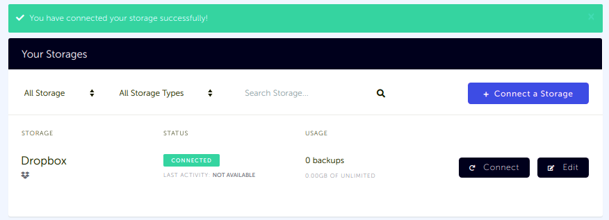 Storage list with newly created Dropbox storage