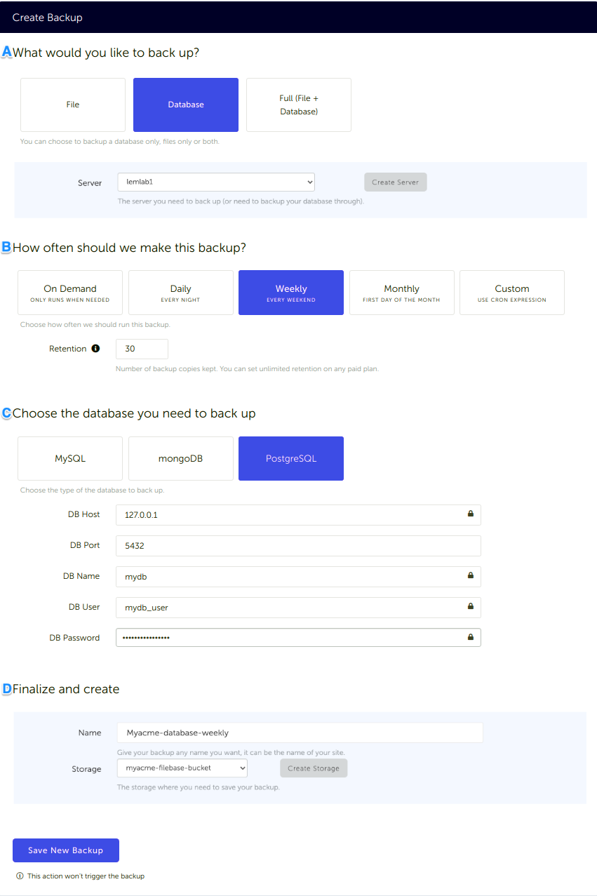 Configuration form, for a PostgreSQL database backup connected to your Filebase storage