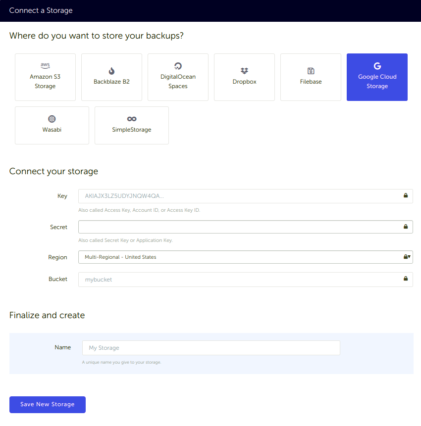 Connect Google Cloud Storage bucket to SimpleBackups