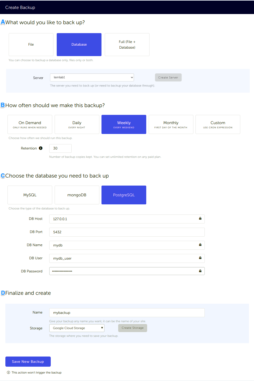 Configuration form, for a PostgreSQL database backup connected to your Google Cloud Storage storage