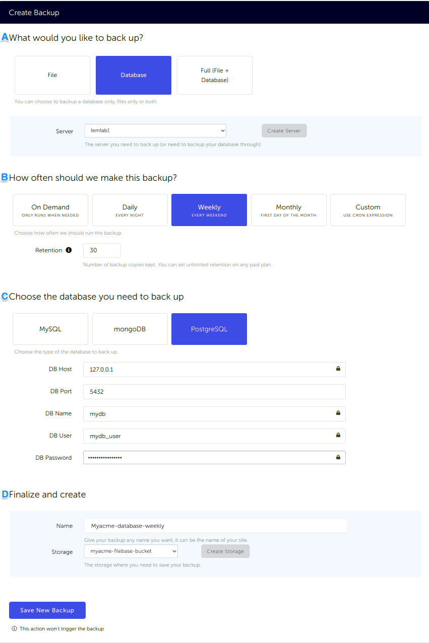 Configuration form, for a PostgreSQL database backup connected to your AWS S3 storage