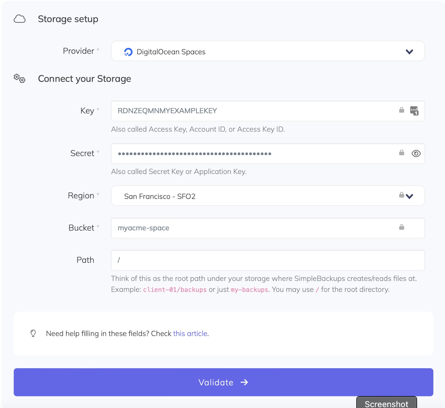 How to connect DigitalOcean or AWS storage to SimpleBackups