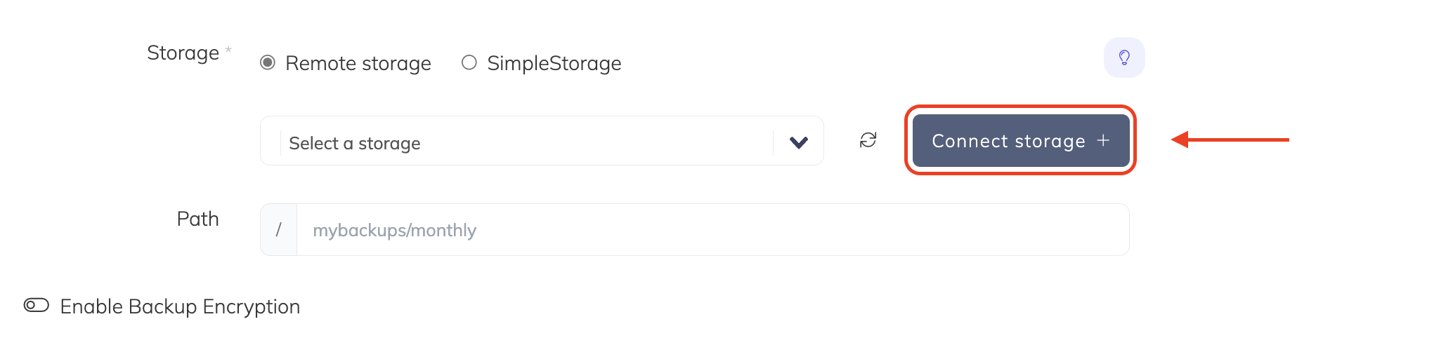 Choose your SimpleBackups storage