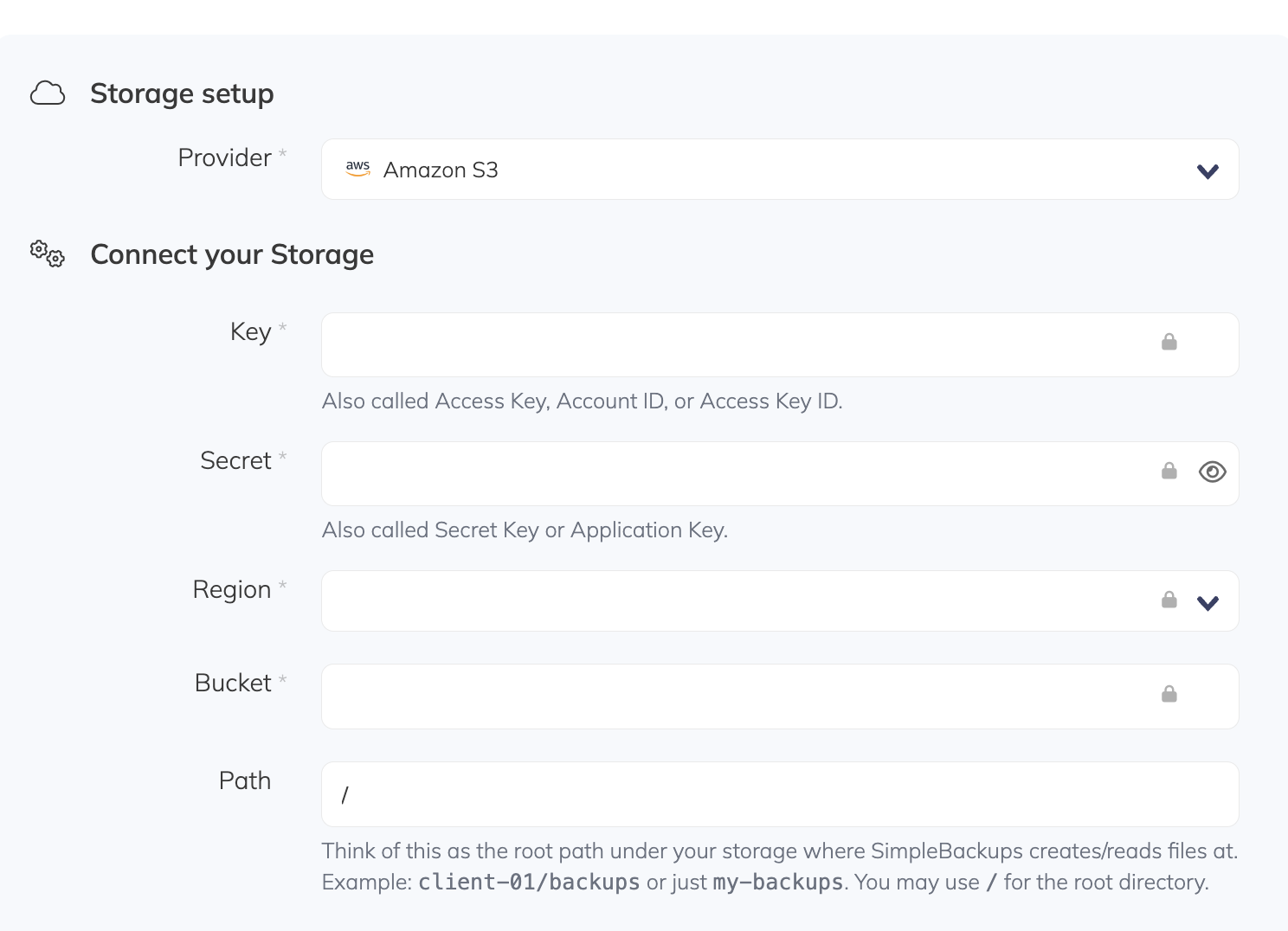 how to connect your backup storage to simplebackups