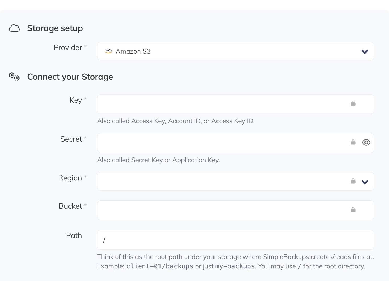 Select AWS RDS storage in SimpleBackups