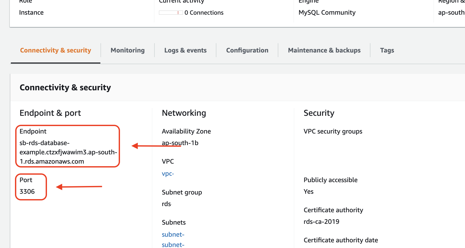 how to find endpoint and database port in aws rds