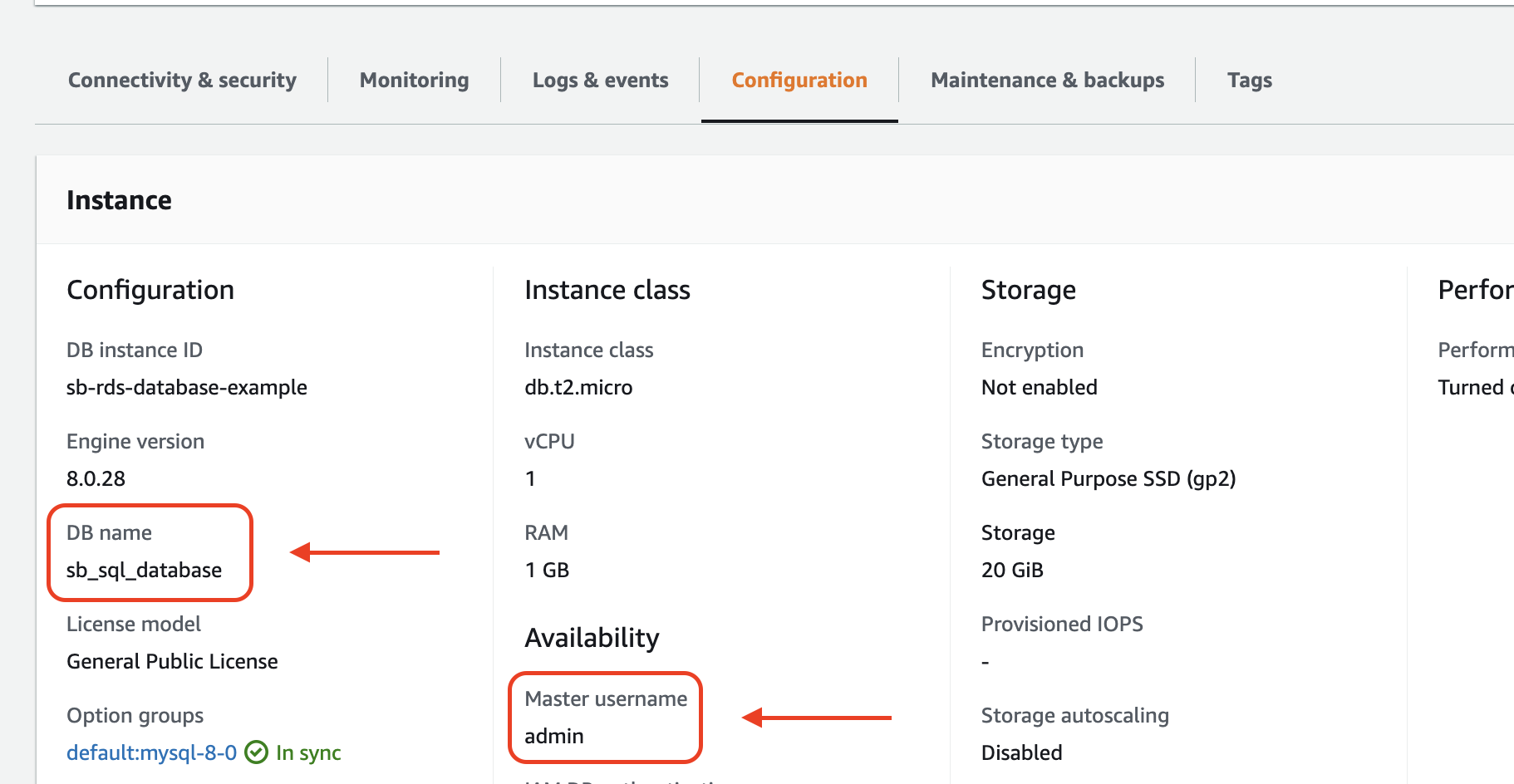 how to find aws rds database name and username