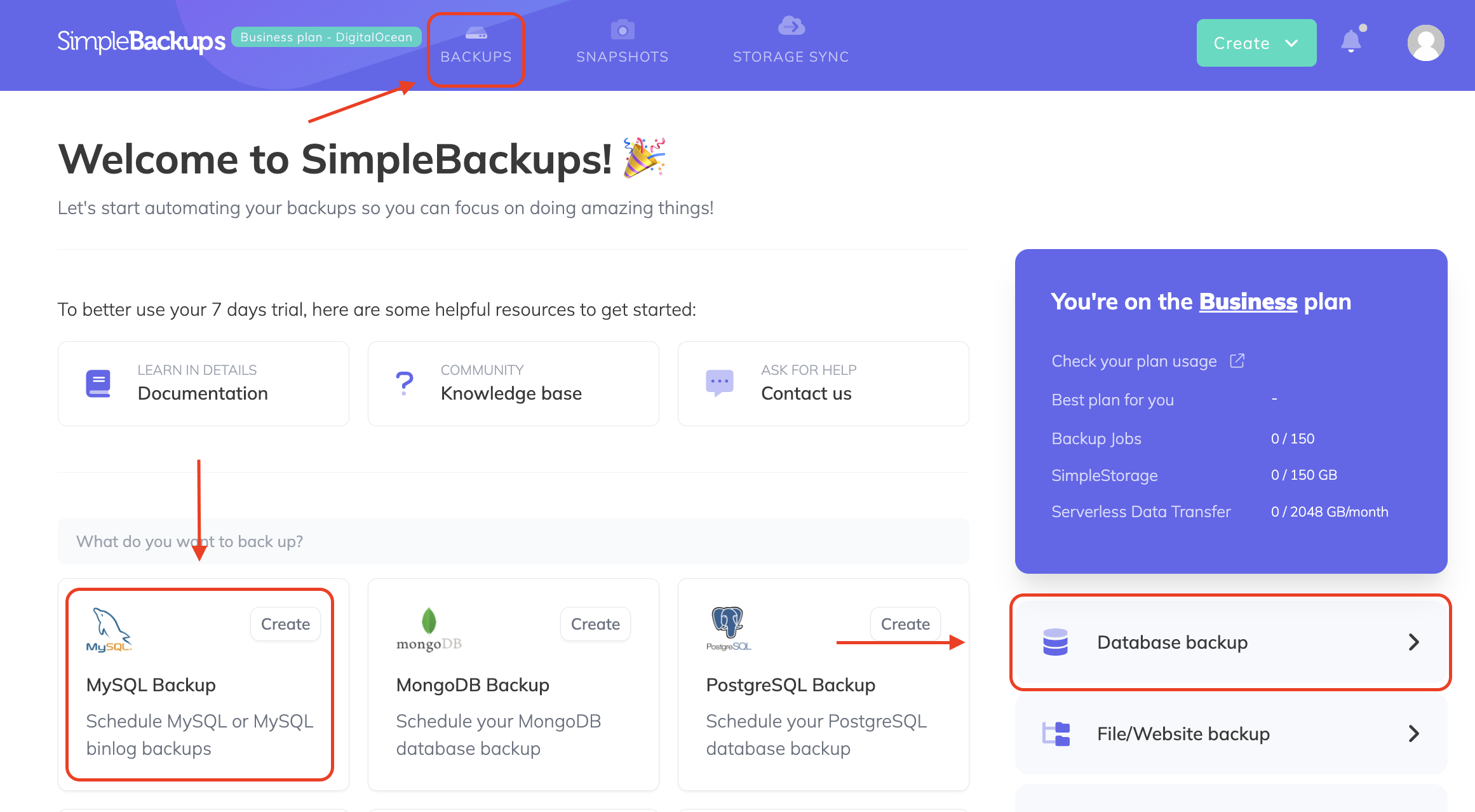 how to create a database backup in simplebackups