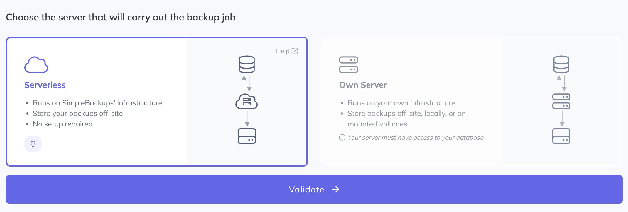 Choose a backup server with SimpleBackups