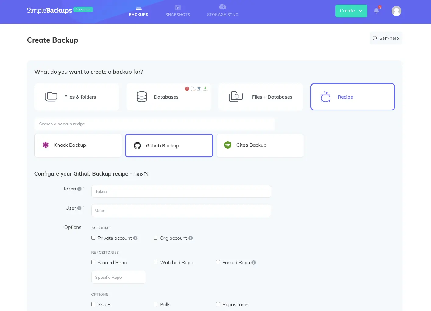 a screenshot of SimpleBackups dashboard with SaaS backup workflow