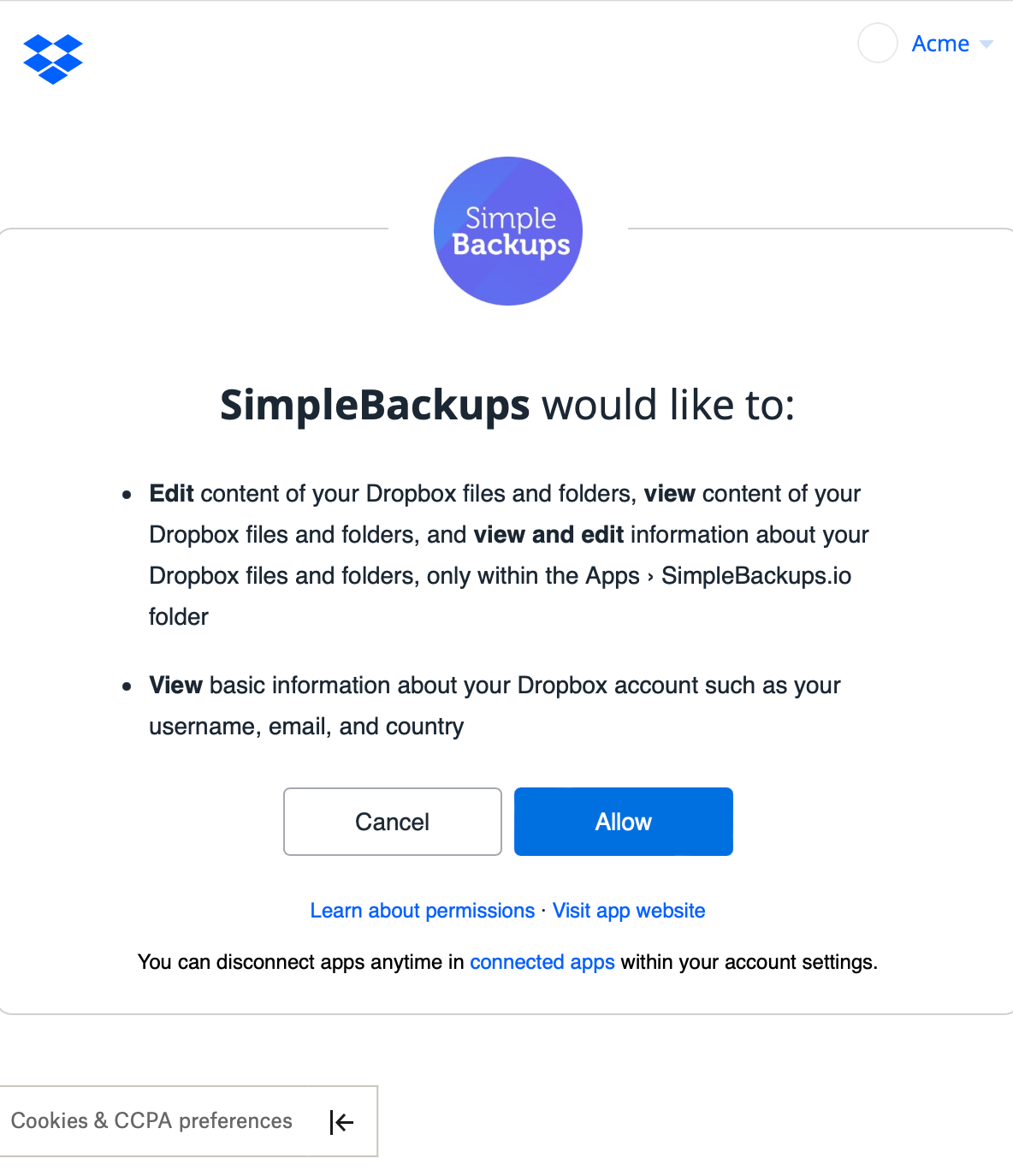 Grant SimpleBackups to Dropbox