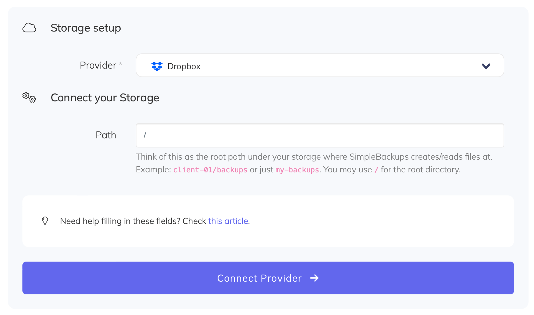 Connect Dropbox to SimpleBackups